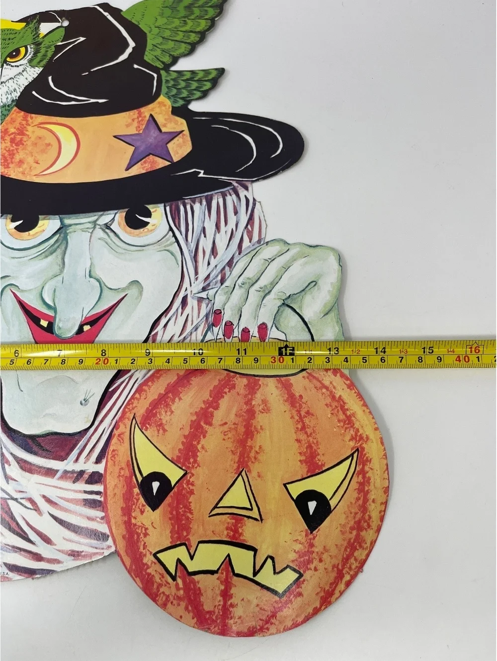 Vintage Halloween Witch Owl Cardboard Die Cut Wall Decor Pumpkin Set Lot of 2
